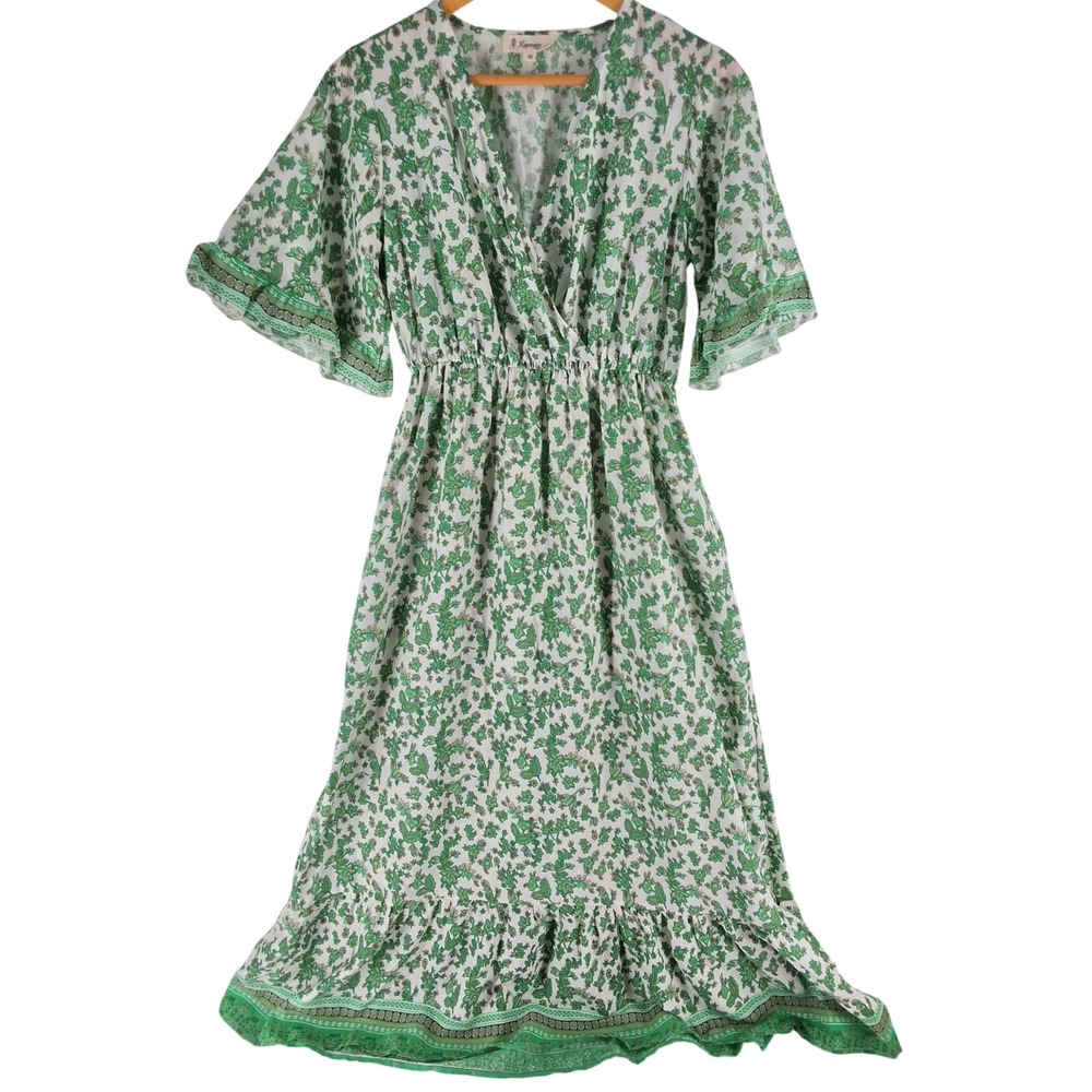 Lapogee Cotton Boho Floral Midi Dress S Green White Block Print Flutter Sleeve